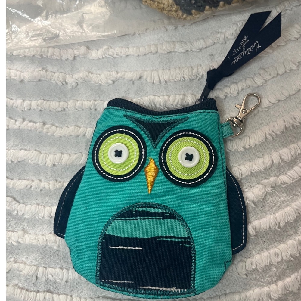 Thirty One 31 Gifts Whimsical Owl Coin Purse Turquoise zip top key hook